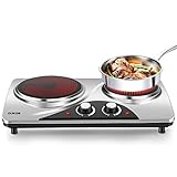 CUKOR Portable Electric Stove, 1800W Infrared Double Burner Heat-up In Seconds, 7.1 Inch Ceramic Glass Double Hot Plate Cooktop for Dorm Office Home Camp, Compatible w/All Cookware