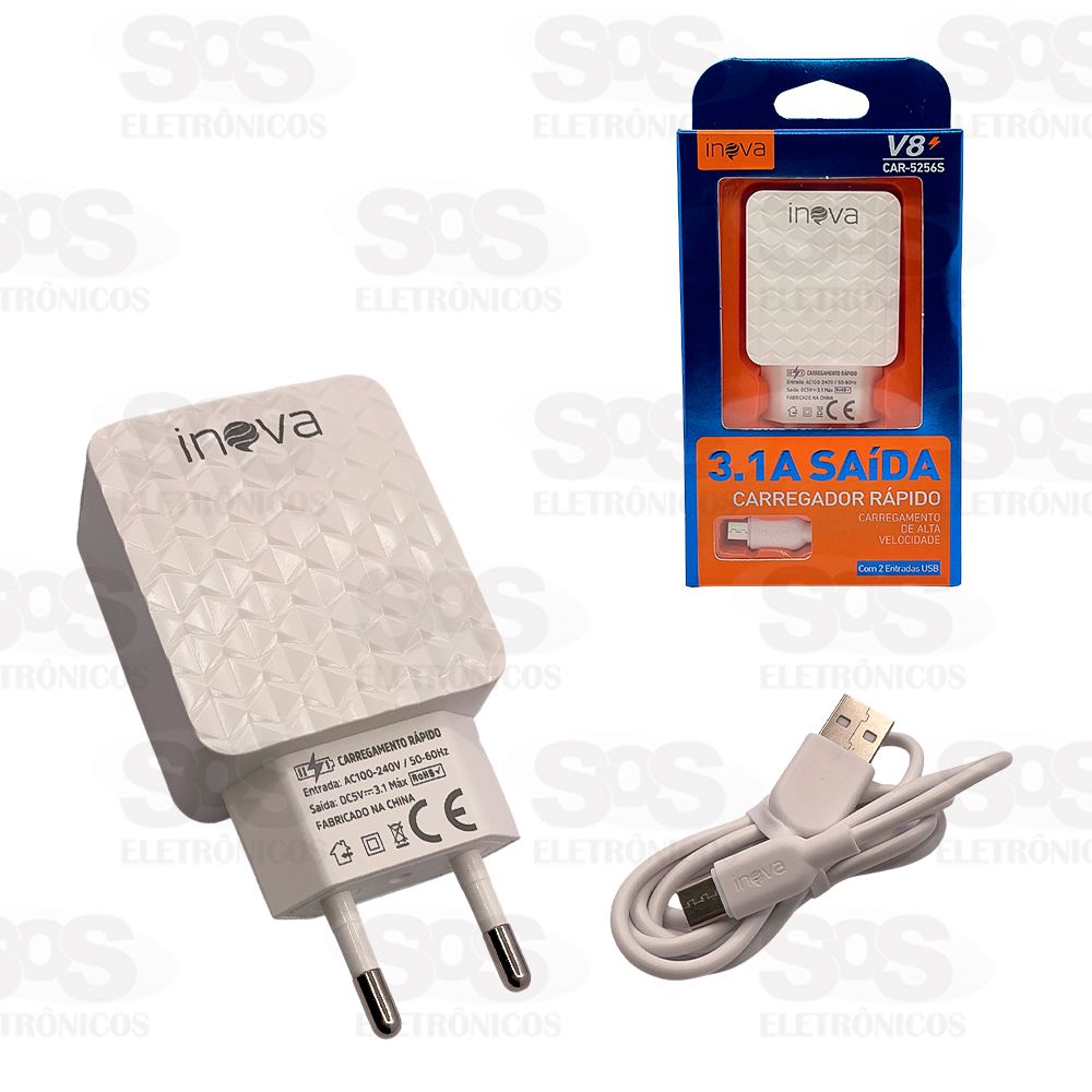 Carregador 2 USB 3.1A Com Cabo Micro USB V8 Inova CAR-5256S