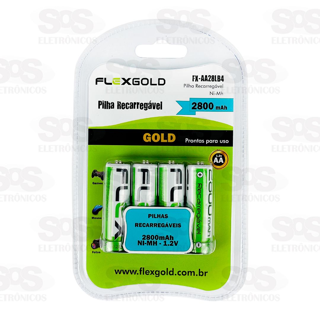 Pilha AA 1.2V Recarregvel 2800mAh 4 Unidades Flex Gold FX-AA28LB4