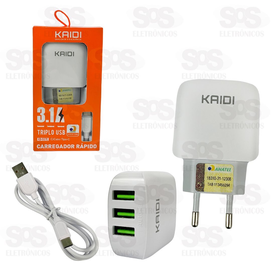 Carregador 3 USB 3.1A Com Cabo Type C Kaidi KD-557C