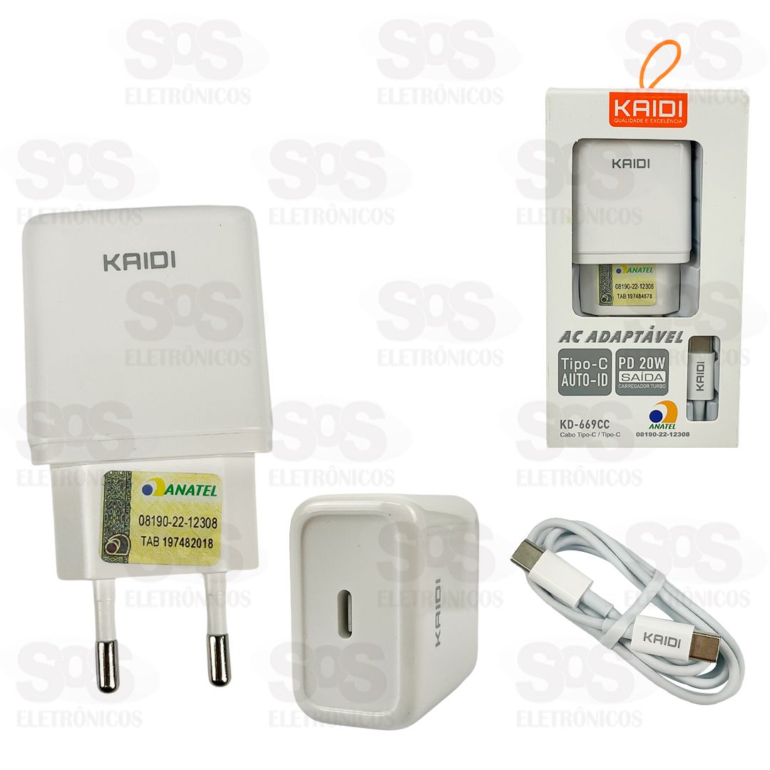 Carregador PD 20W Auto-ID Com Cabo Type C Kaidi KD-669CC