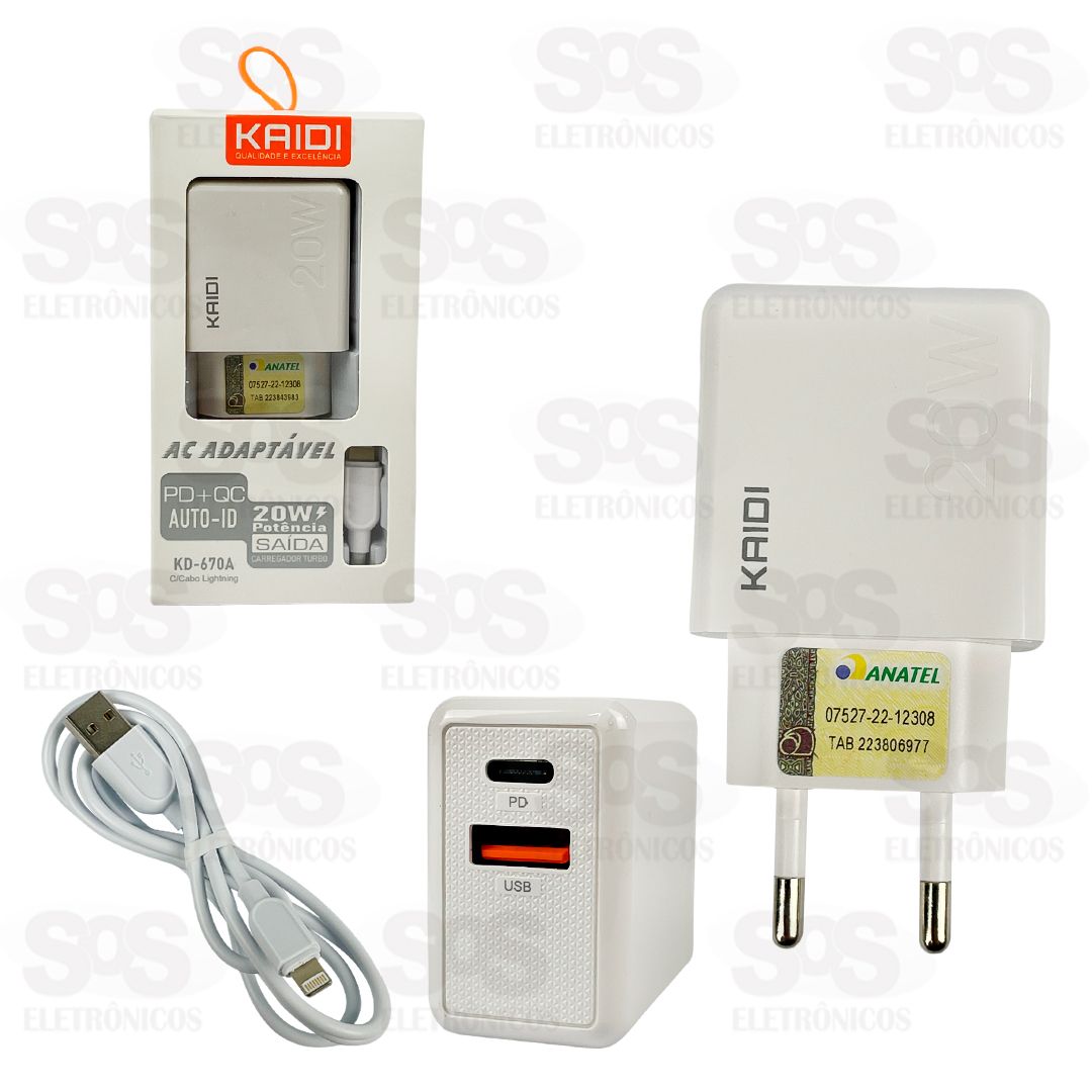 Carregador USB + PD 20W Com Cabo Lightning Kaidi KD-670A