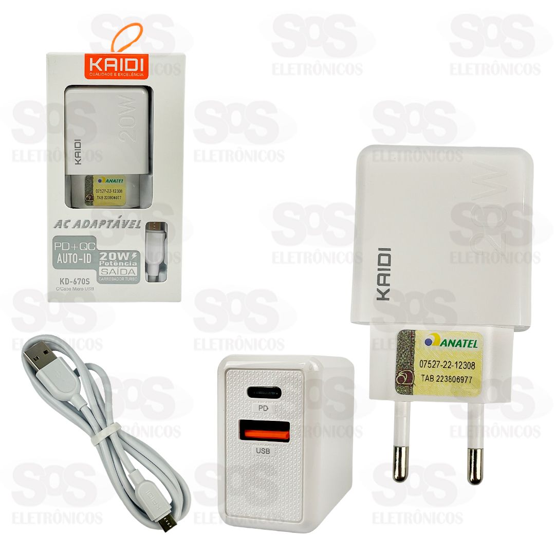 Carregador USB + PD 20W Com Cabo Micro V8 Kaidi KD-670S