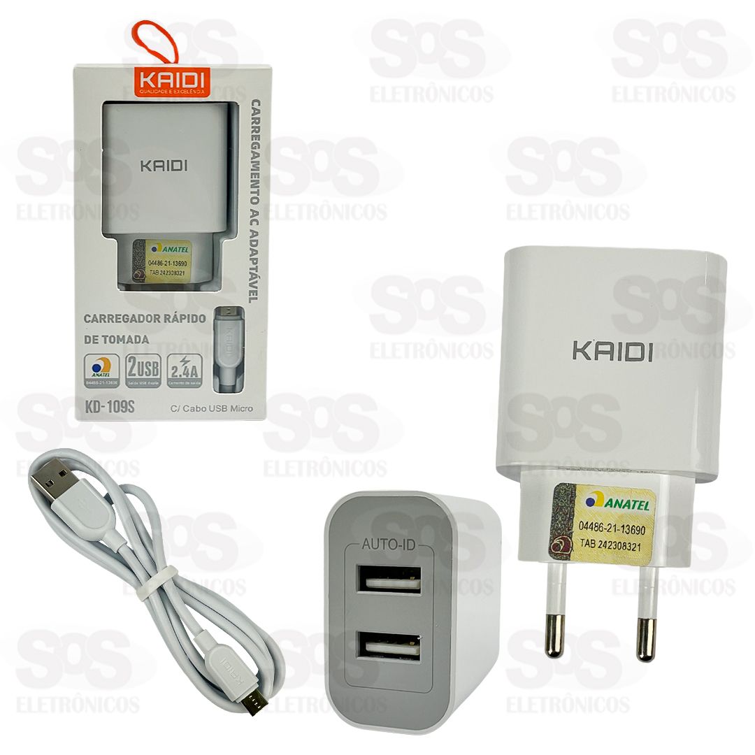 Carregador 2 USB 2.4A Com Cabo Micro USB V8 Kaidi KD-109S