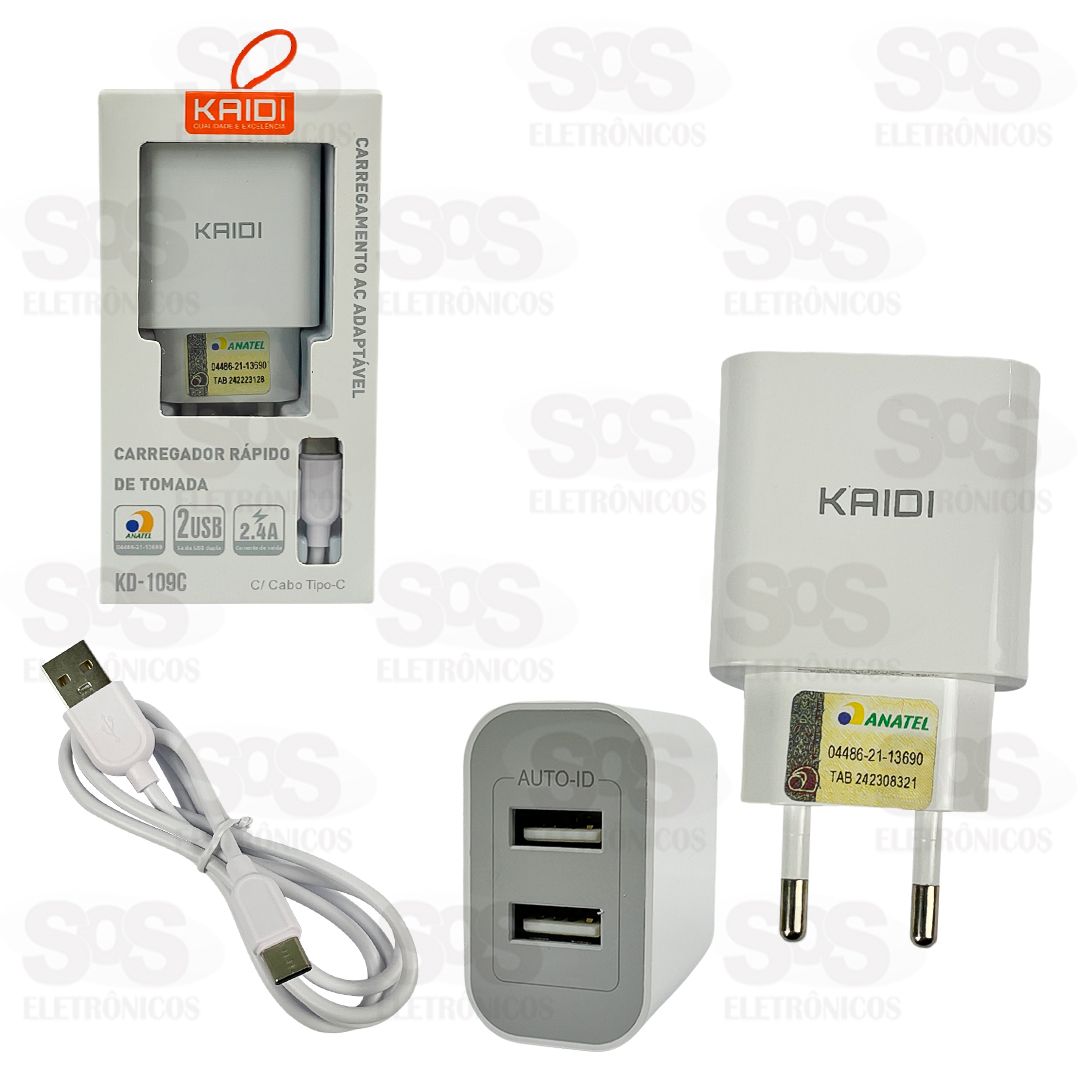 Carregador 2 USB 2.4A Com Cabo Type C Kaidi KD-109C