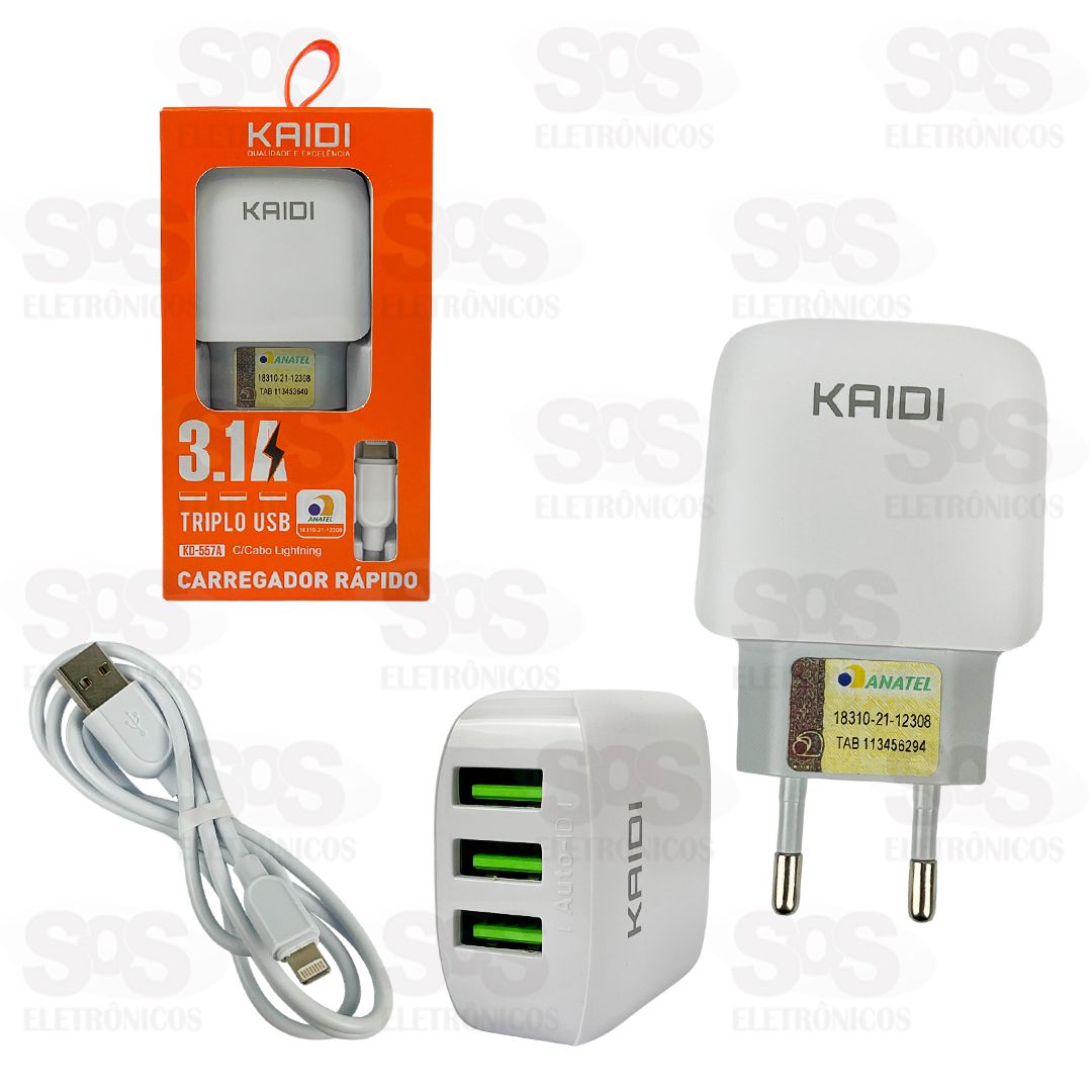 Carregador 3 USB 3.1A Com Cabo Lightning Kaidi KD-557A