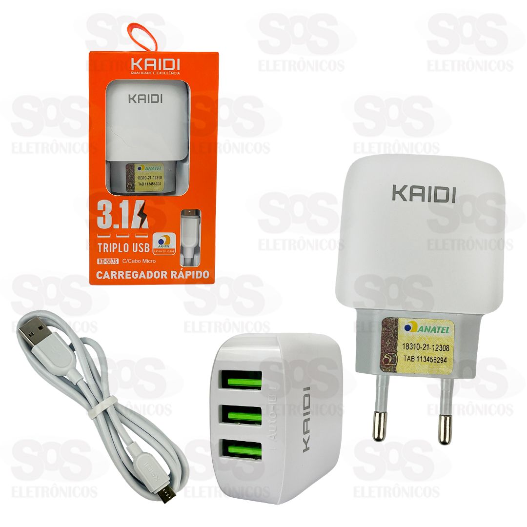 Carregador 3 USB 3.1A Com Cabo Micro USB V8 Kaidi KD-557S