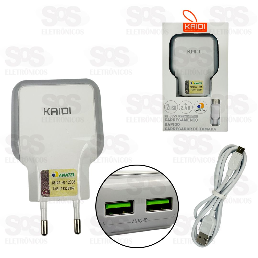 Carregador 2 USB 2.4A Com Cabo Micro USB V8 Kaidi KD-605S