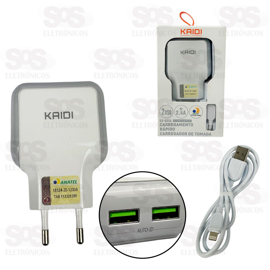 Carregador 2 USB 2.4A Com Cabo Lightning Kaidi KD-605A