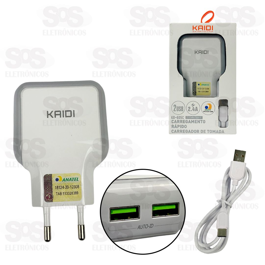 Carregador 2 USB 2.4A Com Cabo Type C Kaidi KD-605C