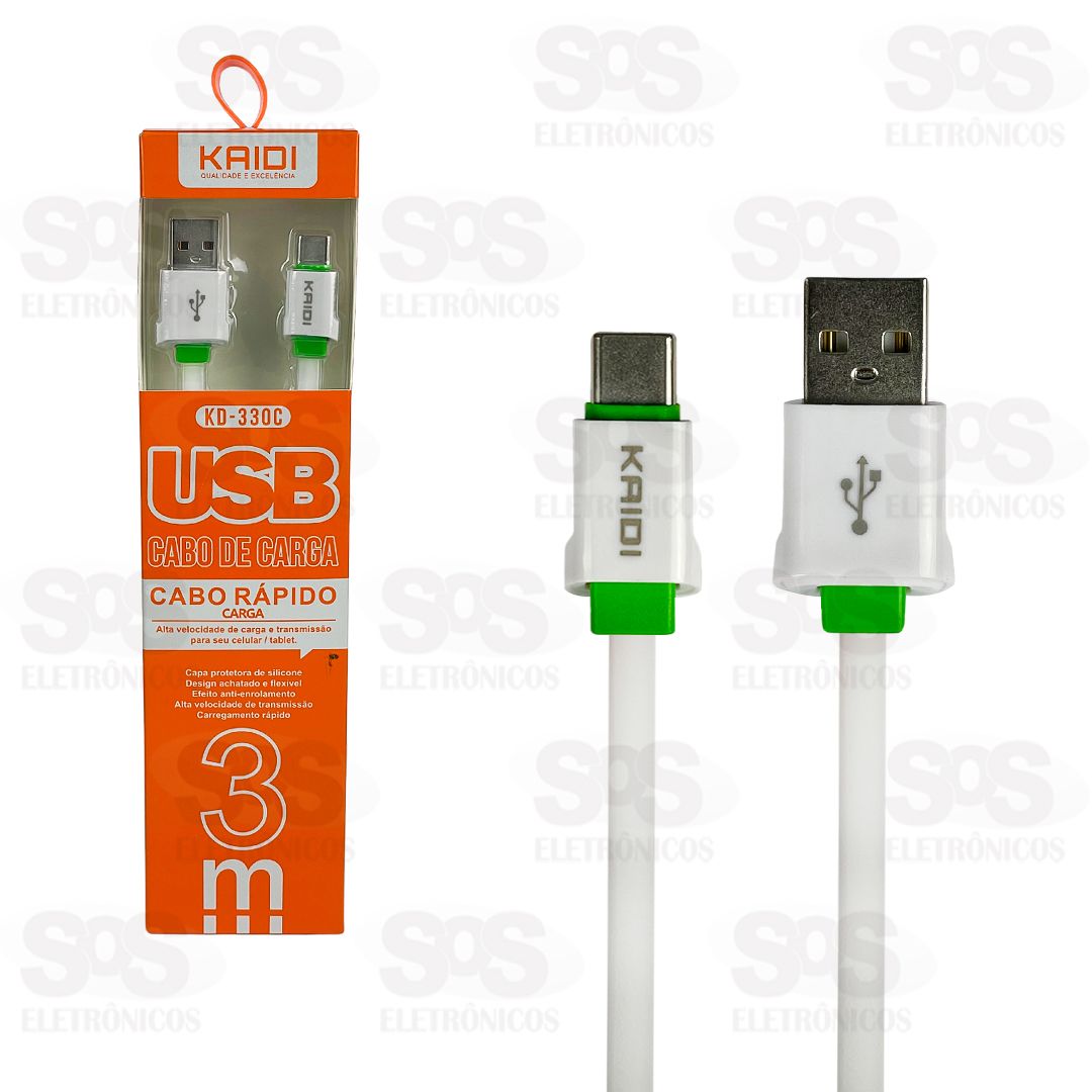 Cabo De Carregamento USB Para Type C 3 Metros Kaidi KD-330C