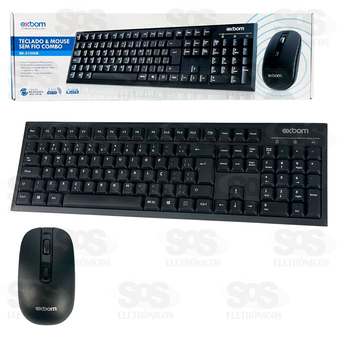 Kit Teclado e Mouse Sem Fio 2.4G  ABNT2 Exbom BK-S1000K