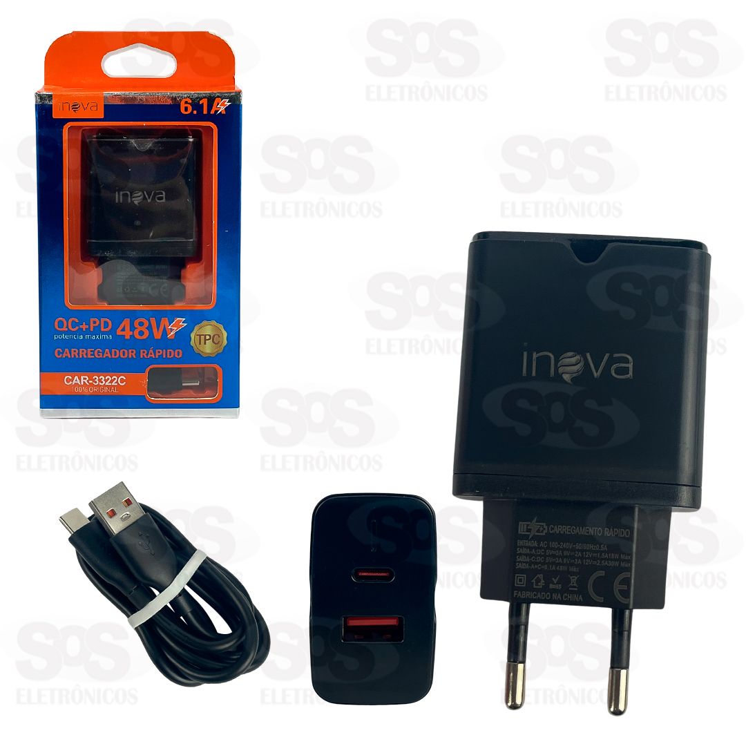 Carregador USB + PD 48W 6.1A Com Cabo Type C Inova CAR-3322C