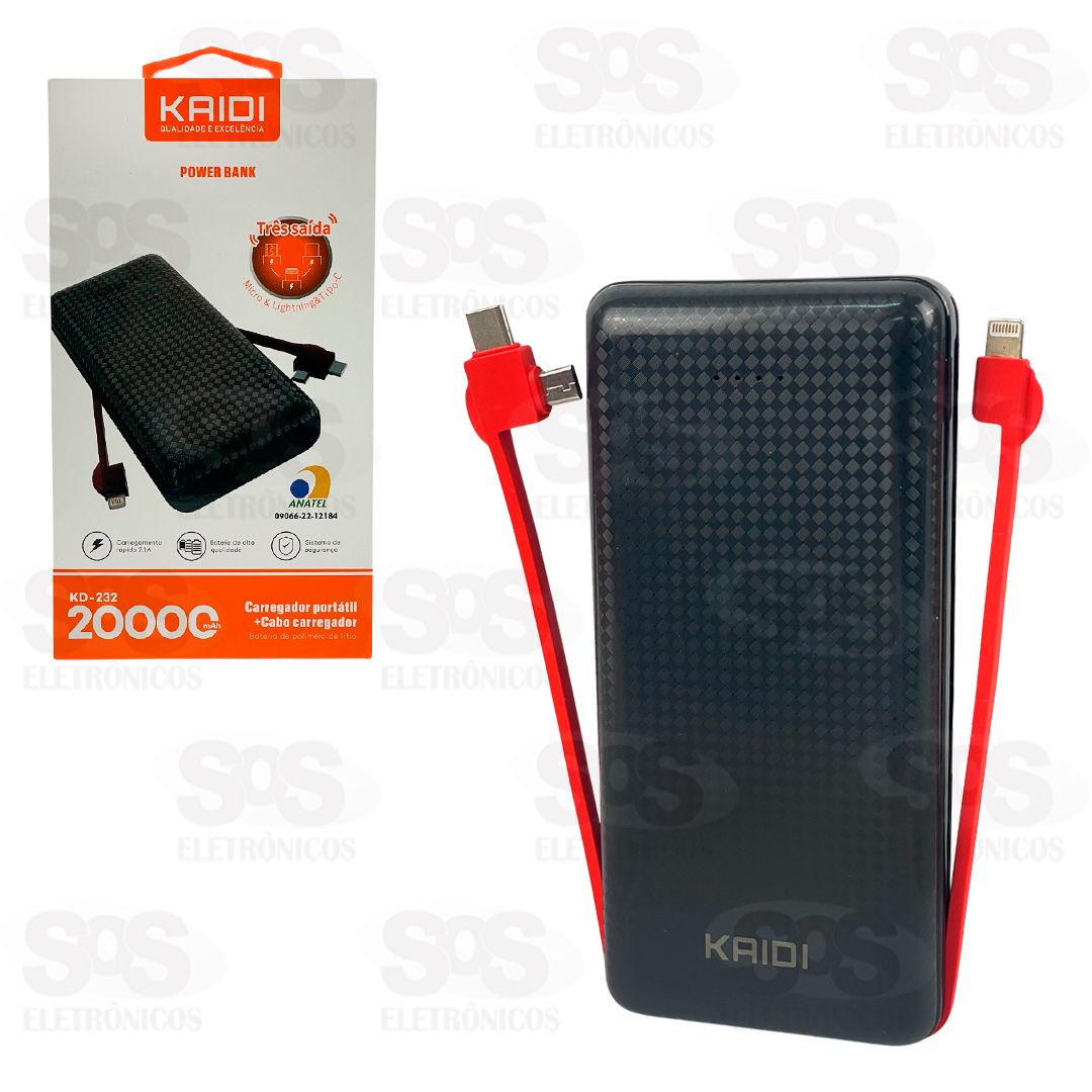 Carga Extra 20.000mAh Com 3 Interfaces Kaidi KD-232