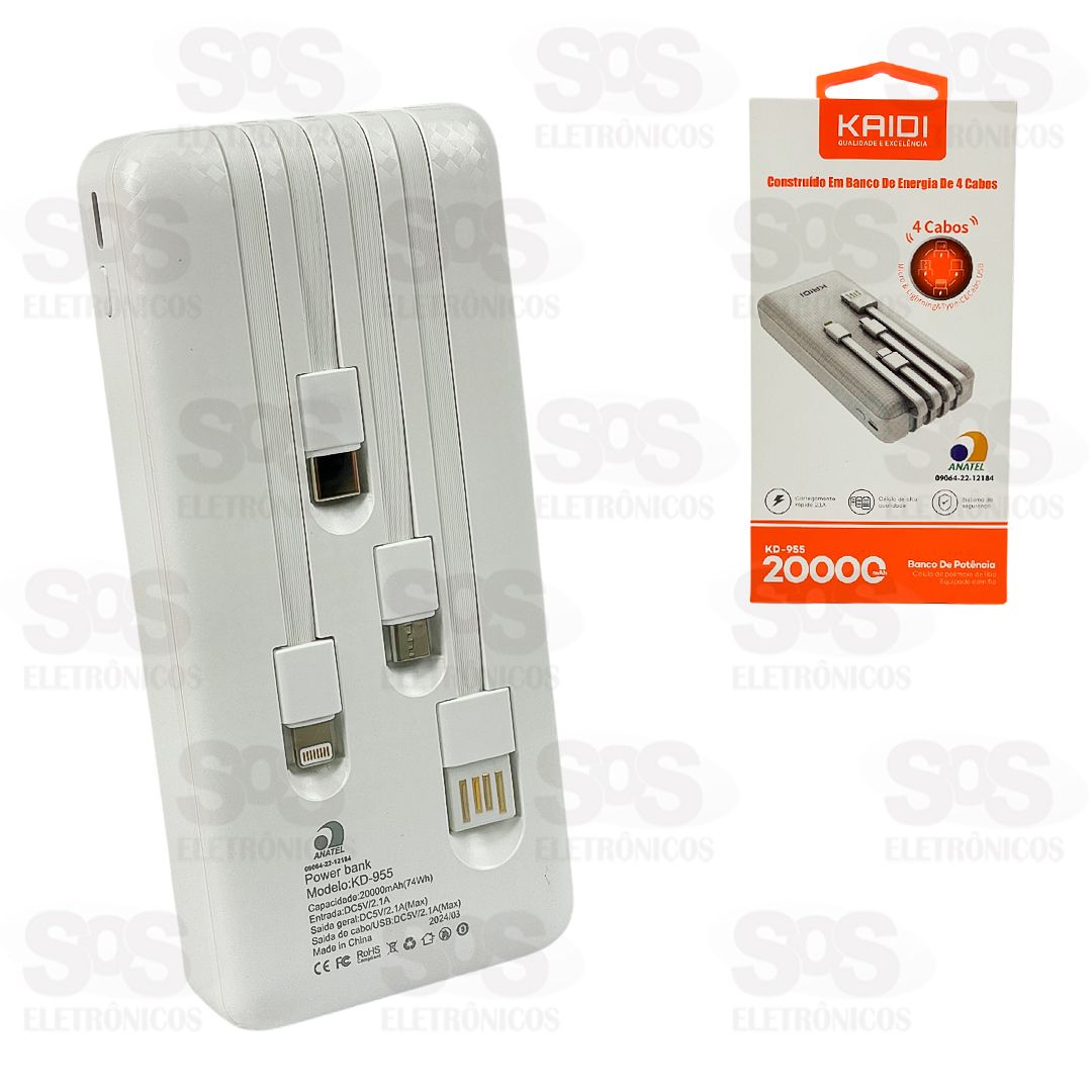 Carga Extra 20.000mAh Com 4 Interfaces Kaidi KD-955