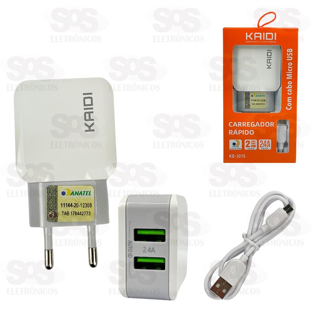 Carregador 2 USB 2.4A Com Cabo Micro USB V8 Kaidi KD-301S