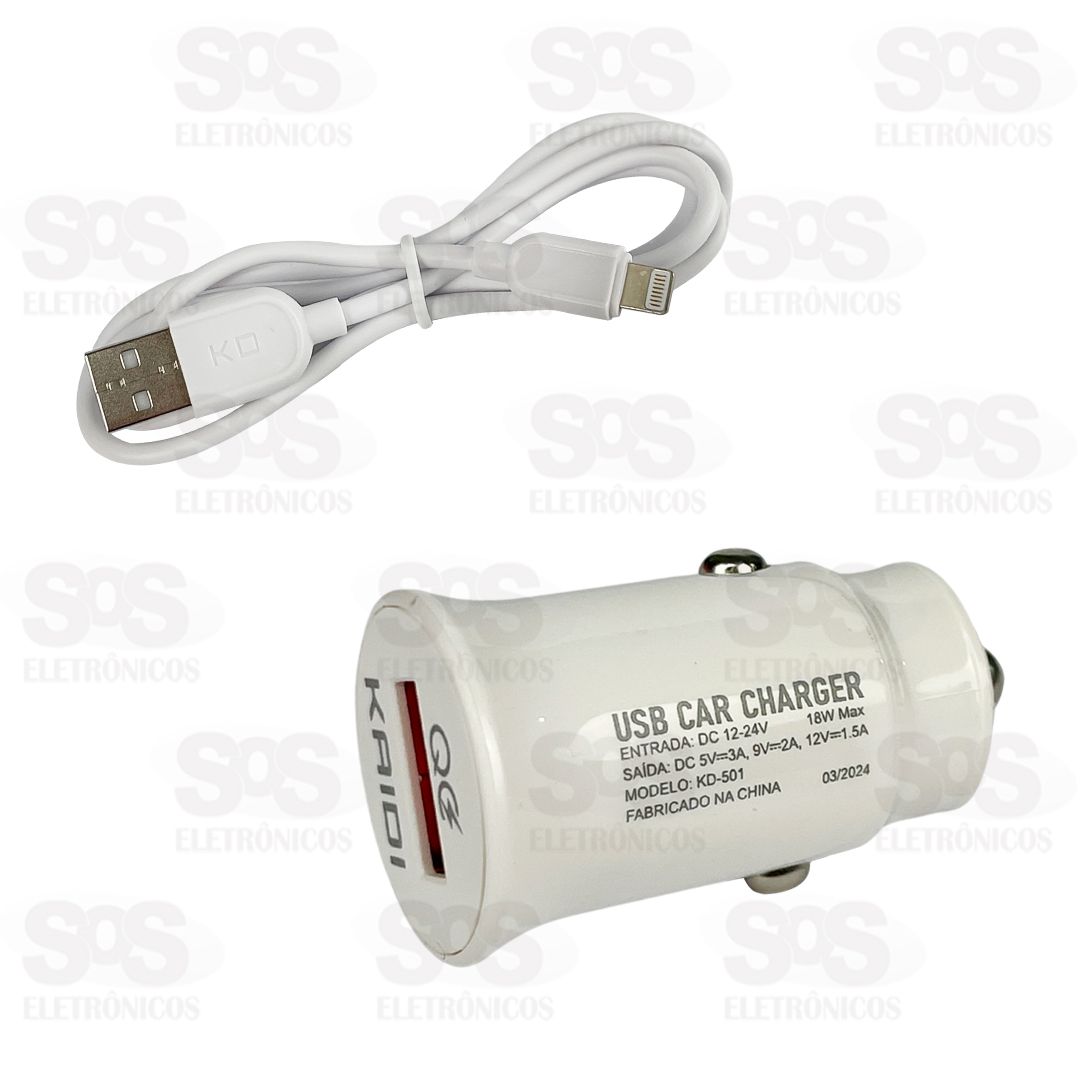 Carregador Veicular Com Cabo Iphone USB 3.0 18W Kaidi KD-501A