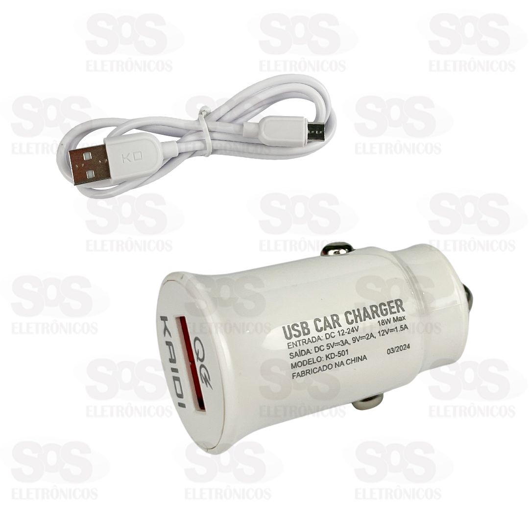 Carregador Veicular Com Cabo Micro USB V8 USB 3.0 18W Kaidi KD-501S