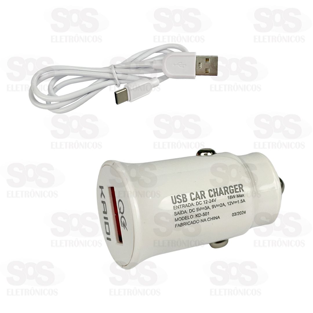 Carregador Veicular Com Cabo Type C USB 3.0 18W Kaidi KD-501C