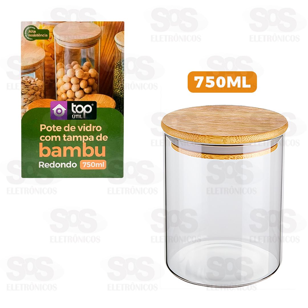 Pote De Vidro Redondo Com Tampa De Bambu 750ML TOP1628