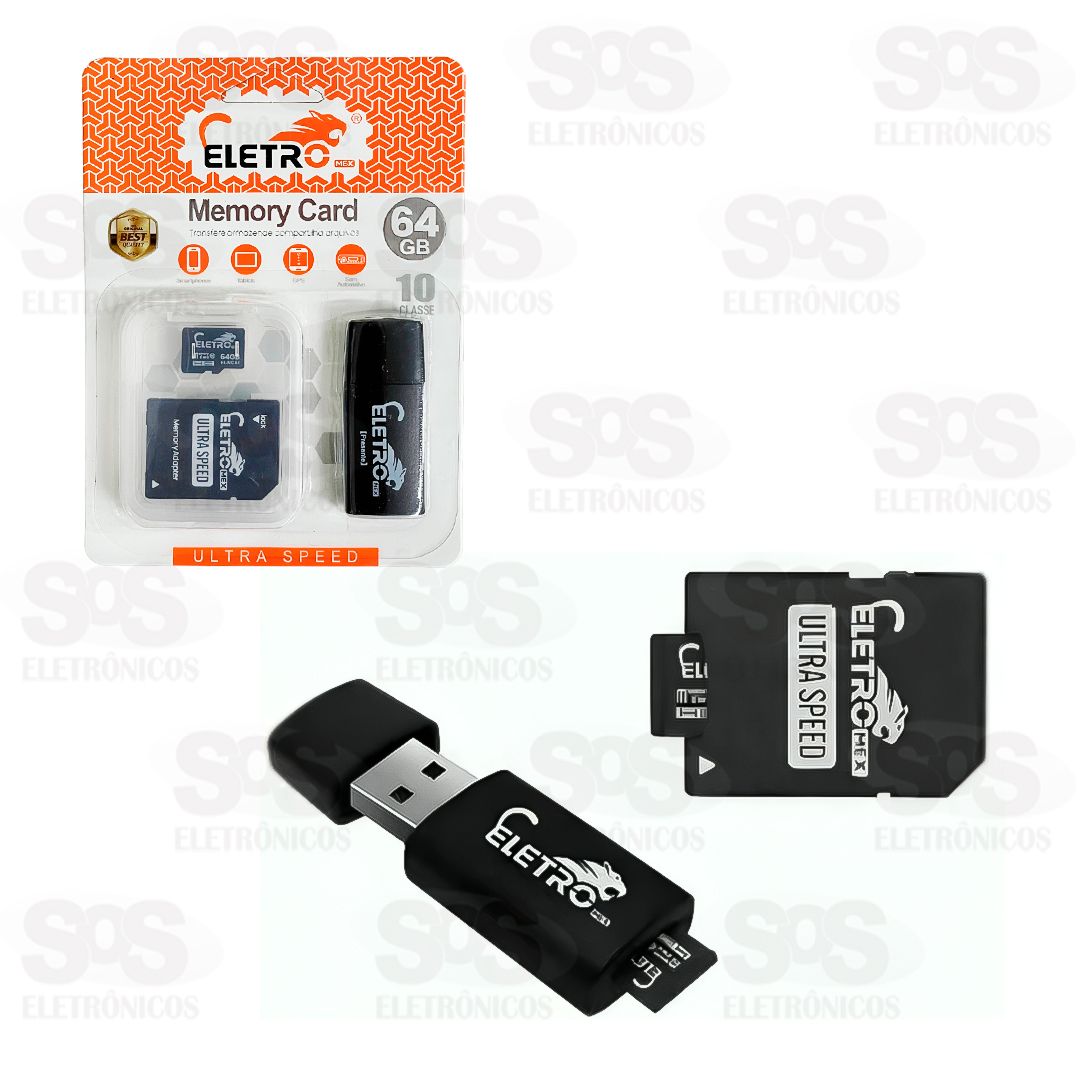 Carto De Memria 64GB Com Adaptador SD E Leitor De Carto Eletromex EL-MC-64