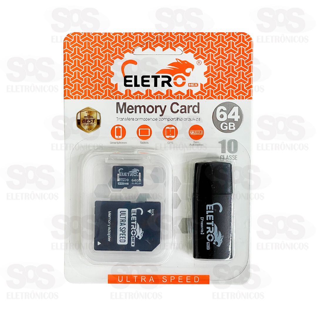 Carto De Memria 64GB Com Adaptador SD E Leitor De Carto Eletromex EL-MC-64