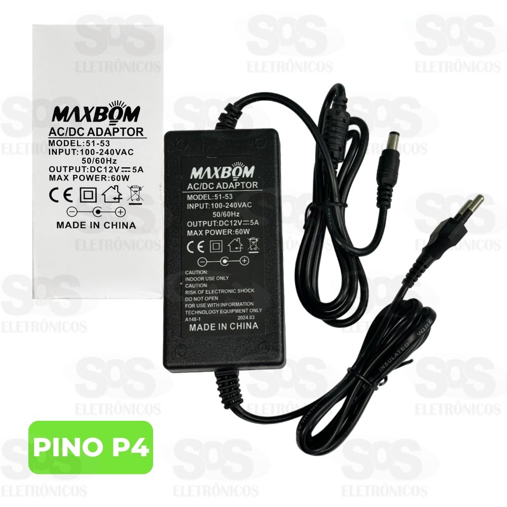 Fonte 12V 5A 60W Pino P4 Bivolt Maxbom 51-53