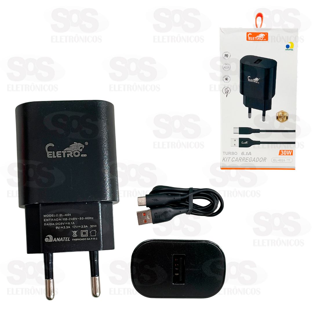 Carregador Turbo USB 6.1A Com Cabo Type C Eletromex EL-4024-TY