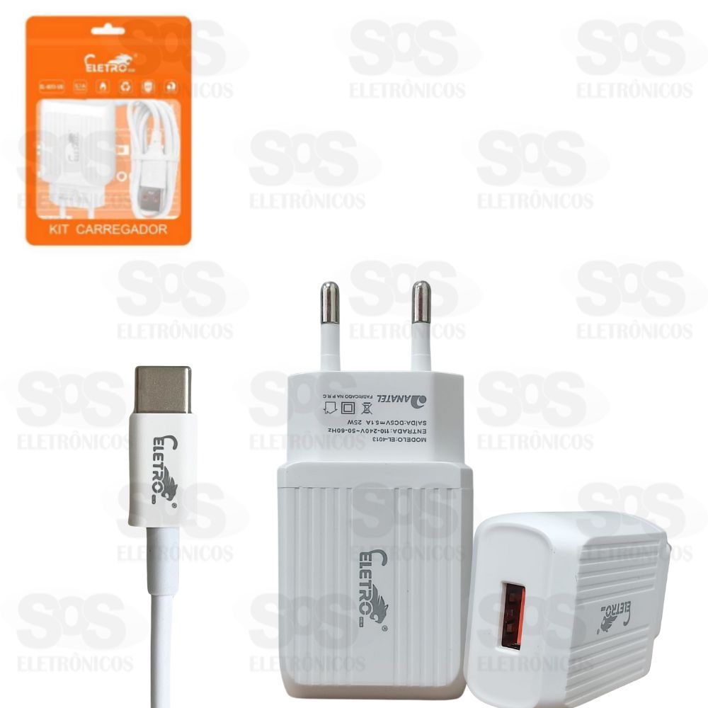 Carregador 25W USB 5.1A Com Cabo Type -C  Eletromex EL-4013-TY