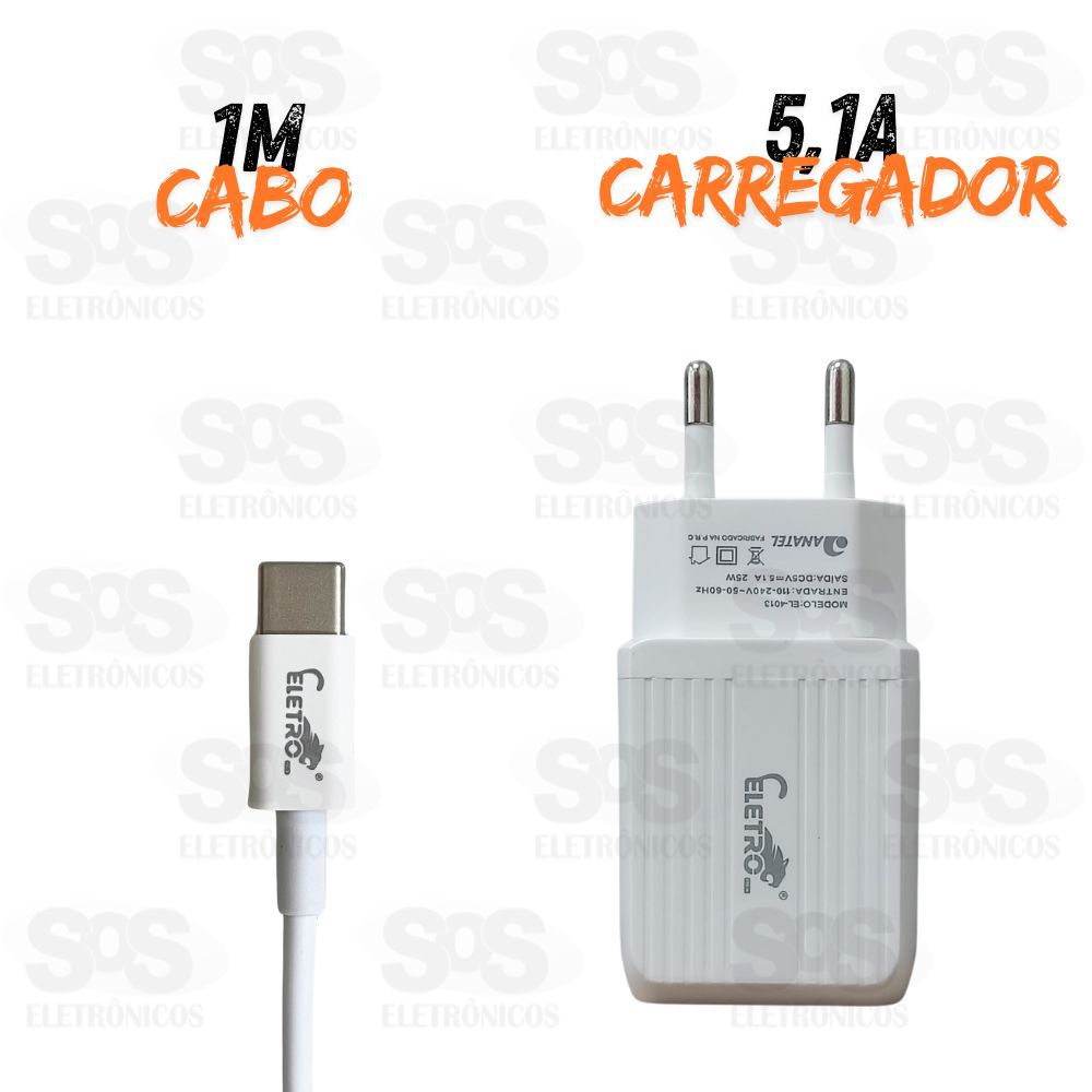 Carregador 25W USB 5.1A Com Cabo Type -C  Eletromex EL-4013-TY