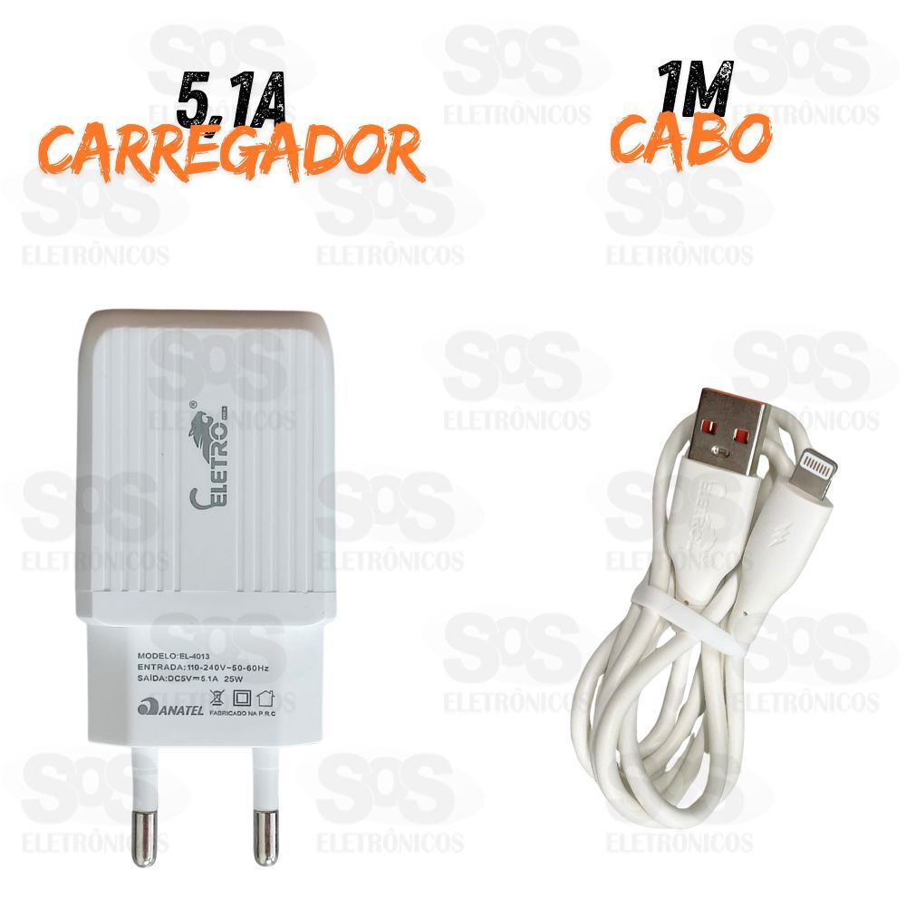 Carregador 25W USB 5.1A Com Cabo Iphone Eletromex EL-4013-I5