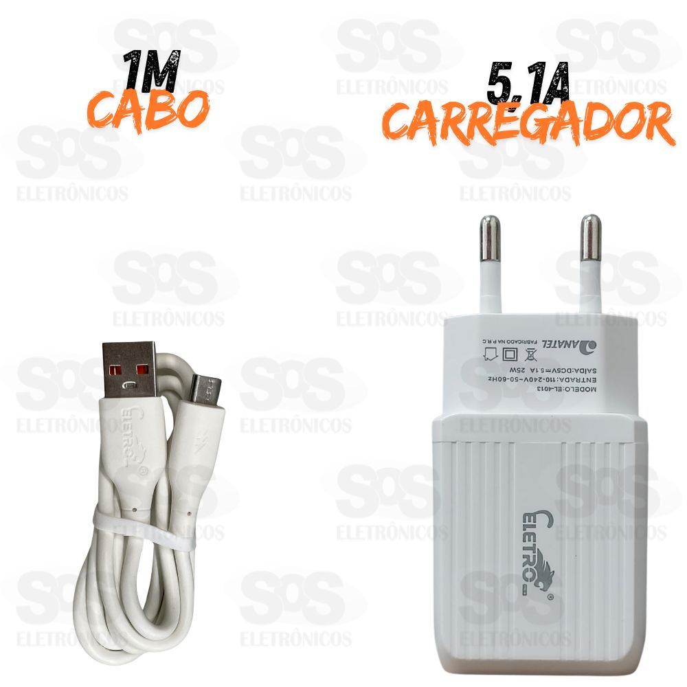 Carregador 25W USB 5.1A Cabo Micro USB V8 Eletromex EL-4013-V8