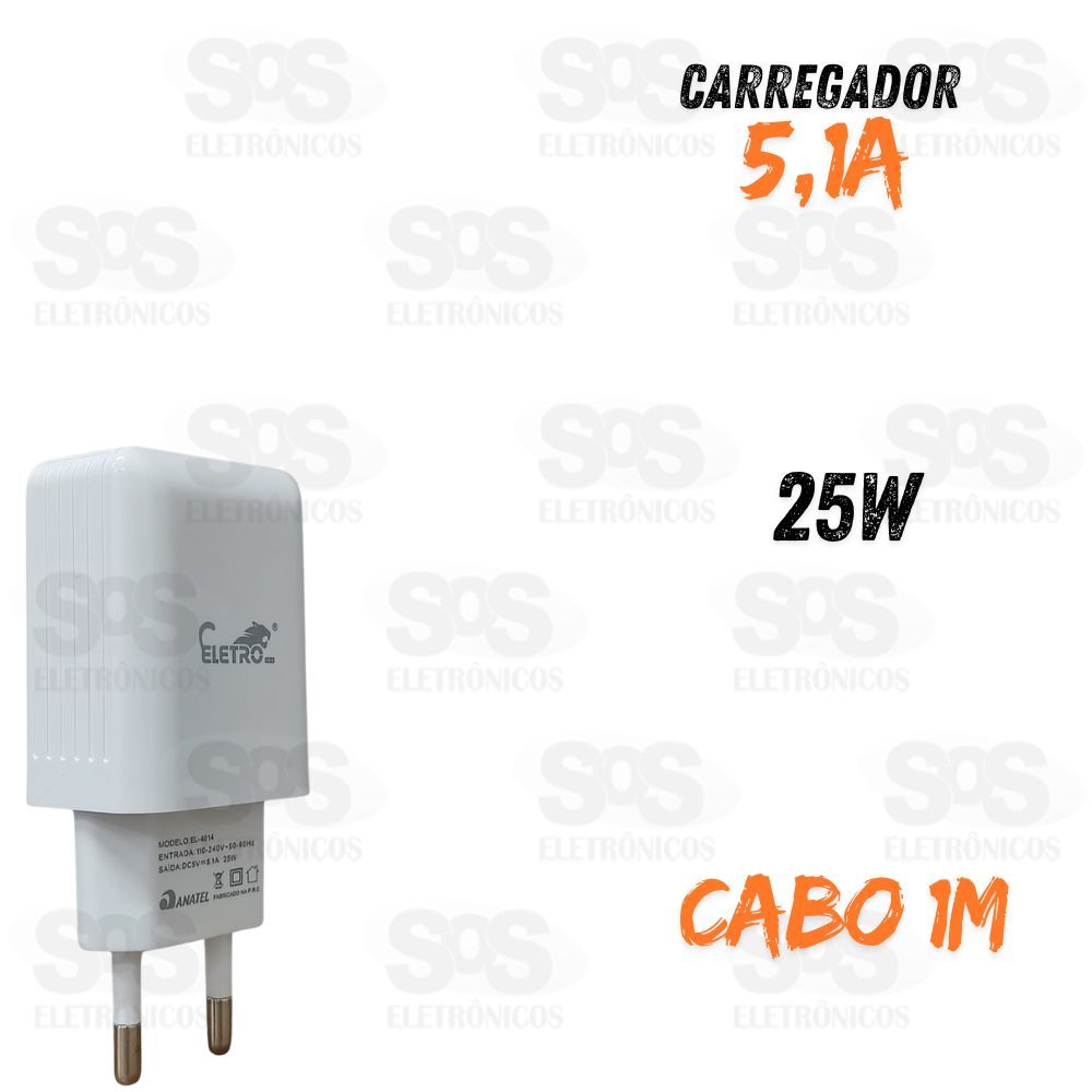 Carregador 25W USB 5.1A Cabo Micro USB V8 Eletromex EL-4014-V8