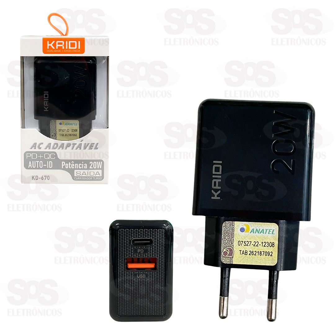 Fonte Carregador Rpido USB + PD 20W Kaidi KD-670